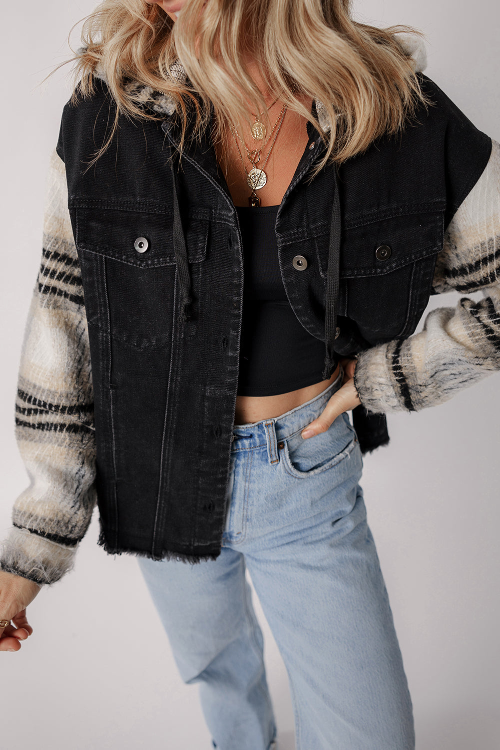 Black Plaid Sleeve Frayed Hem Hooded Denim Jacket Denim Jackets JT's Designer Fashion