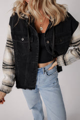 Black Plaid Sleeve Frayed Hem Hooded Denim Jacket Denim Jackets JT's Designer Fashion
