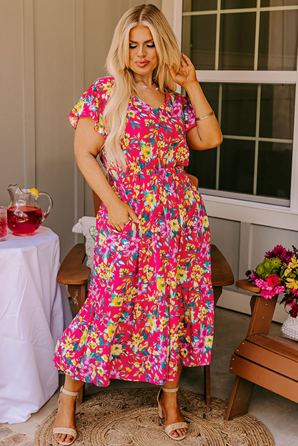 Pink Floral Print V Neck Pocketed High Waist Plus Size Midi Dress Plus Size Midi Dresses JT's Designer Fashion