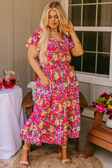 Pink Floral Print V Neck Pocketed High Waist Plus Size Midi Dress Plus Size Midi Dresses JT's Designer Fashion