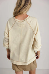 Beige Exposed Seam Textured Knit V Neck Pullover Top Long Sleeve Tops JT's Designer Fashion