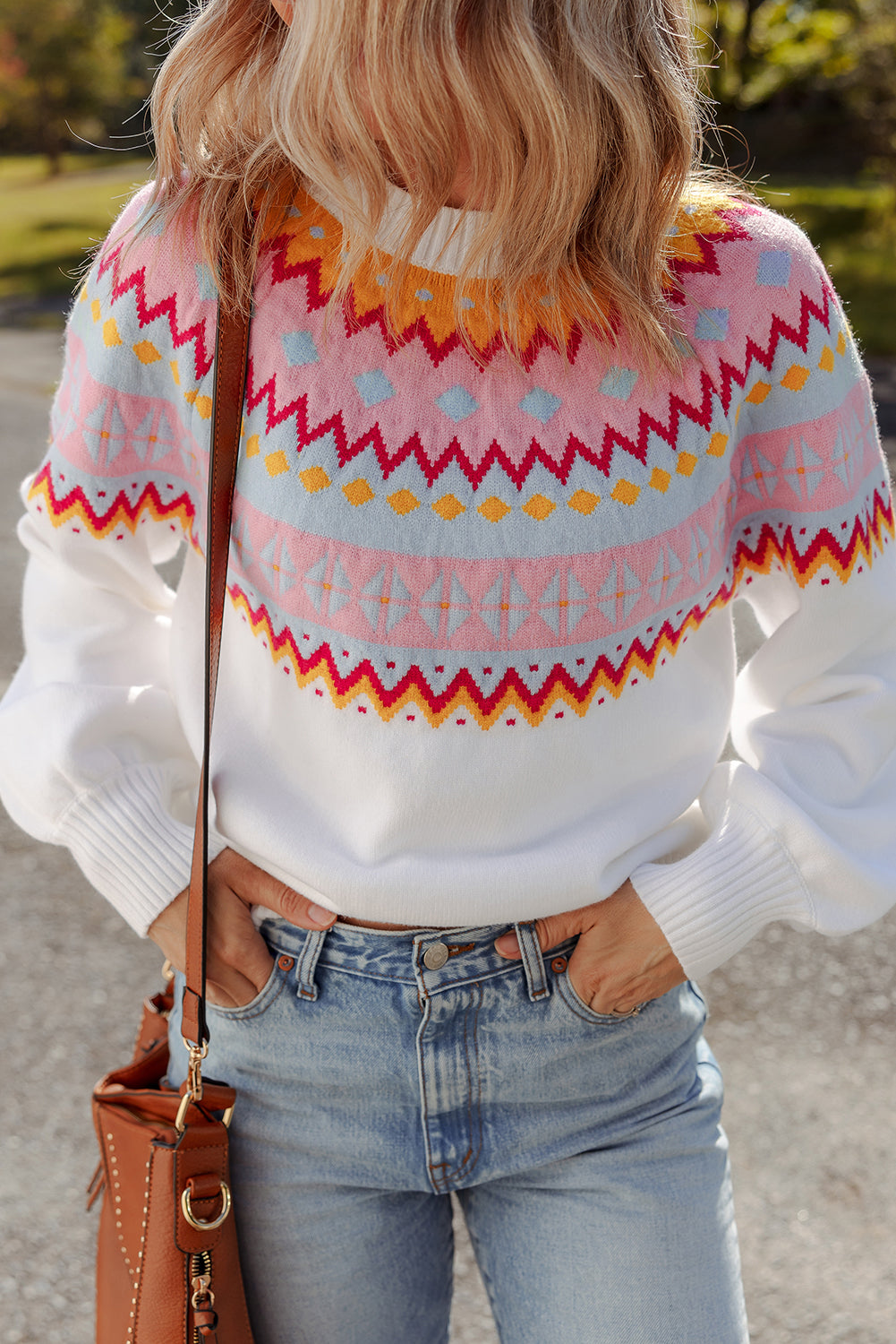 White Ethnic Geometric Colorblock Print Drop Shoulder Sweater Sweaters JT's Designer Fashion
