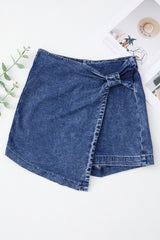 Sail Blue Acid Wash Asymmetric Twisted Wrapped Zipped Denim Skort Denim Shorts JT's Designer Fashion