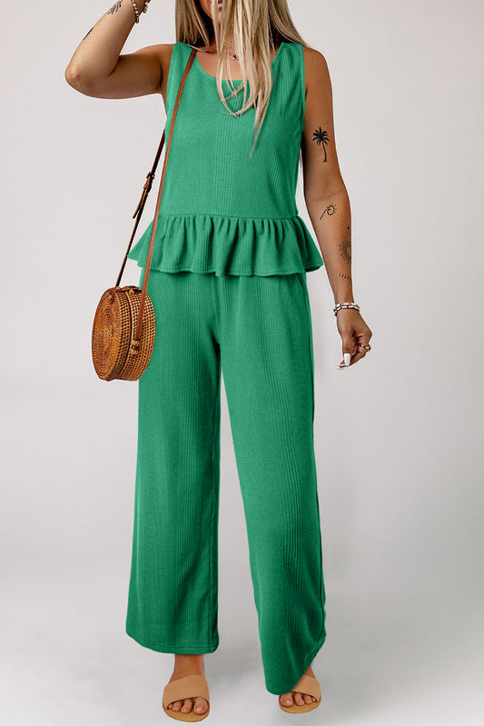Green Solid Color Ribbed Ruffle Tank Top and Pants Set Pant Sets JT's Designer Fashion