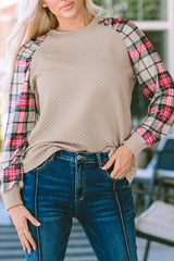 Apricot Plaid Raglan Sleeve Sweatshirt Sweatshirts & Hoodies JT's Designer Fashion