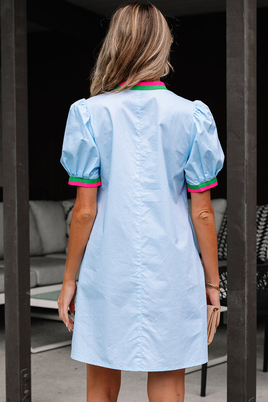 Myosotis Contrast Striped Notched V Neck Puff Sleeve Mini Dress Mini Dresses JT's Designer Fashion