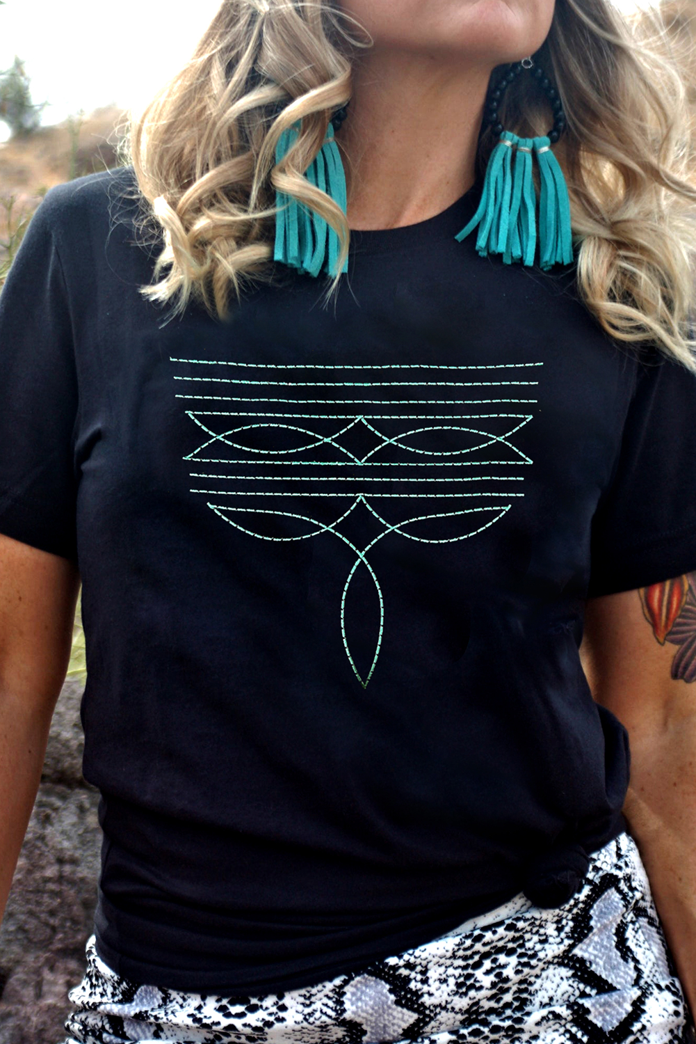 Black Western Fashion Geometric Embroidered T Shirt Graphic Tees JT's Designer Fashion