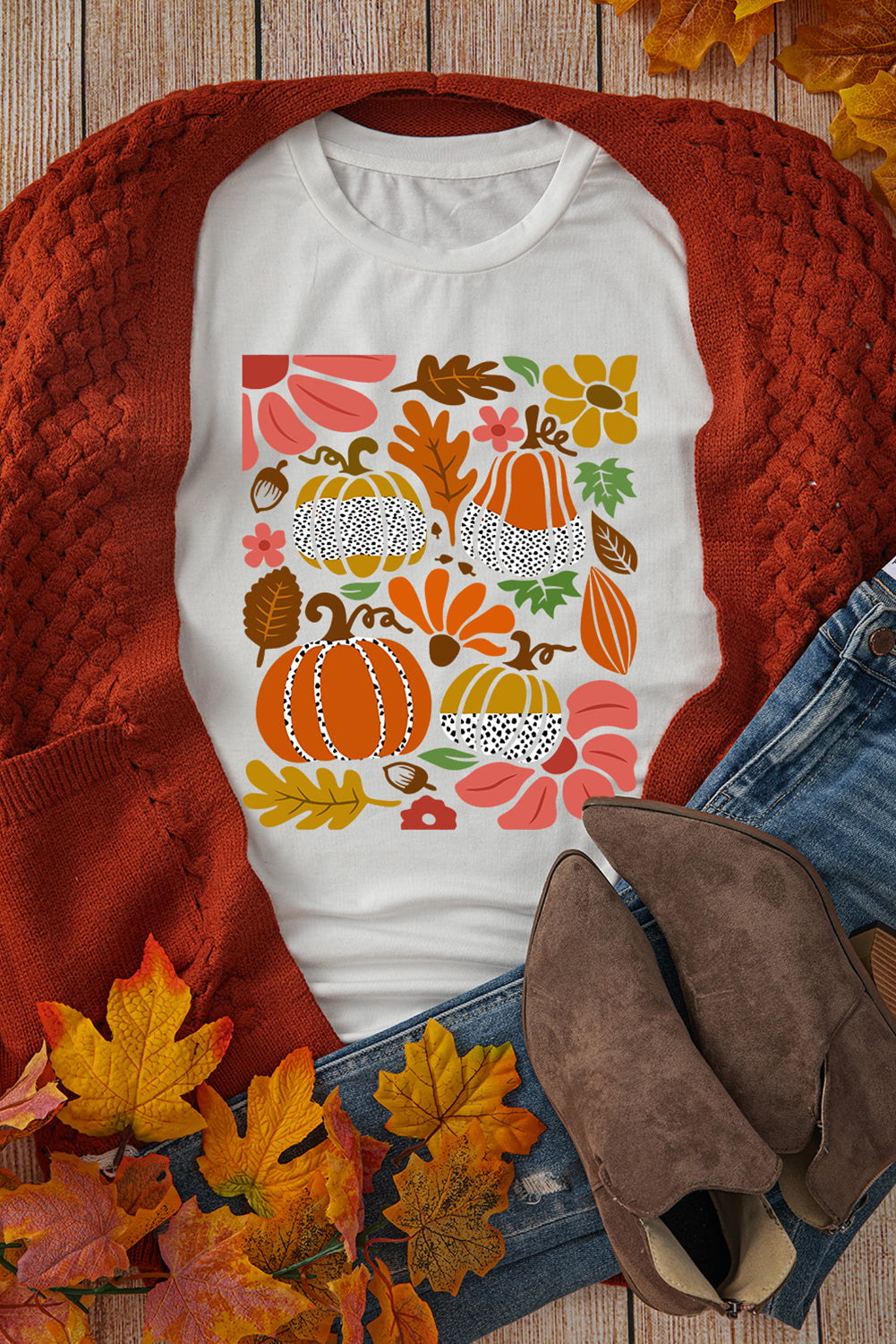 White Pumpkin Flower Print Fall Graphic Cotton Blend Tee Graphic Tees JT's Designer Fashion