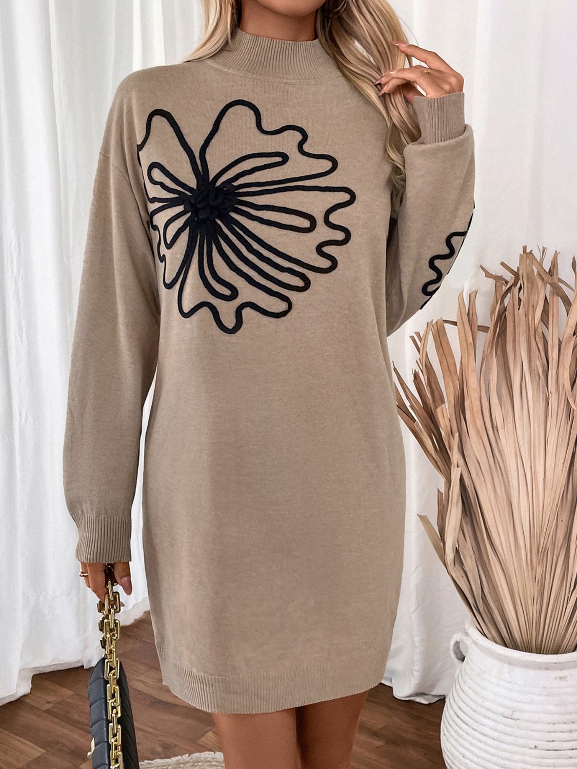 Flower Mock Neck Long Sleeve Sweater Dress Mini Dresses JT's Designer Fashion