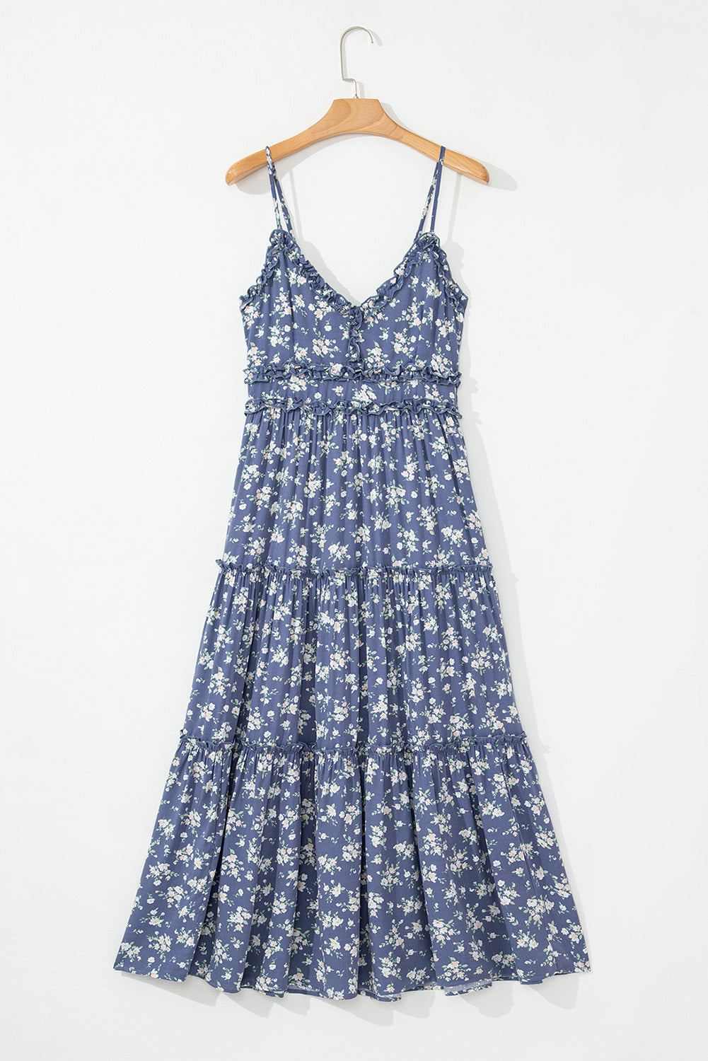 Blue Floral Spaghetti Strap Frilled V Neck Tiered Midi Dress Midi Dresses JT's Designer Fashion