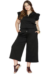 Black Plus Ruffled Sleeve Quarter Zip Top Wide Leg Pants Set Plus Size Bottoms JT's Designer Fashion