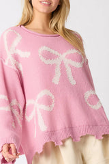 Pink Pearl Beaded Bowknot Pattern Distressed Split Hem Sweater Sweaters JT's Designer Fashion