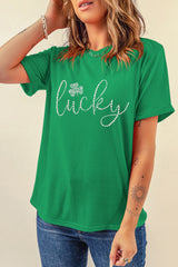 Bright Green Ceramic Rhinestone Lucky Clover Graphic Tee Graphic Tees JT's Designer Fashion