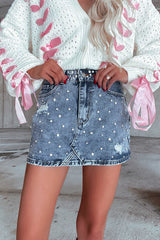 Dusk Blue Rhinestone Distressed Denim High Waist Mini Skirt Skirts & Petticoat JT's Designer Fashion