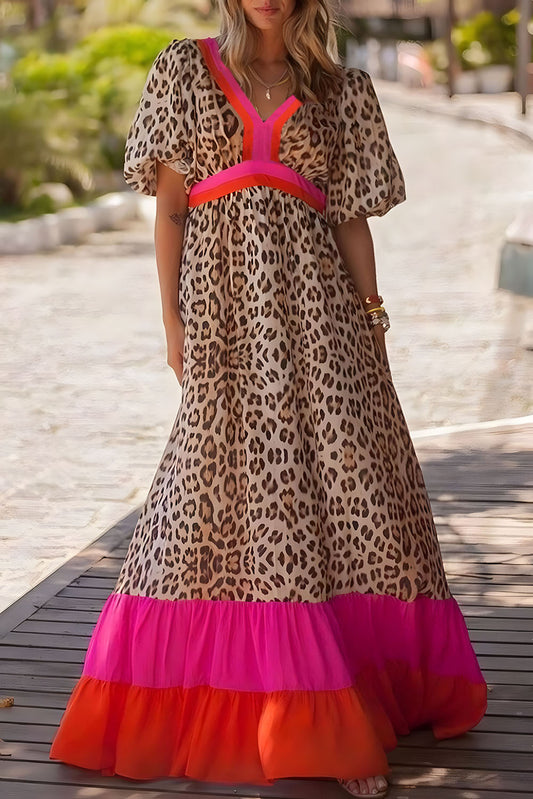 Bright Pink Leopard Colorblock Patchwork Bubble Sleeve Long Dress Bright Pink 100%Polyester Maxi Dresses JT's Designer Fashion
