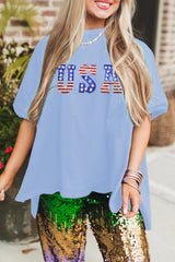 Myosotis USA Patched Drop Sleeve Crewneck T Shirt Graphic Tees JT's Designer Fashion