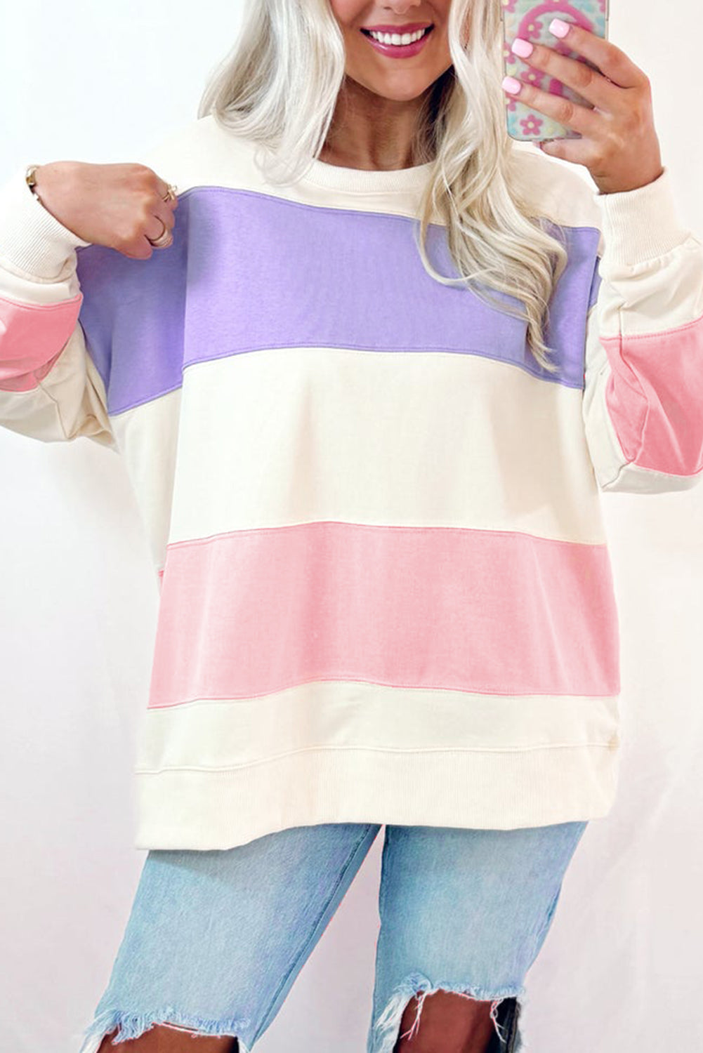 Beige Colorblock Patchwork Drop Shoulder Crewneck Sweatshirt Sweatshirts & Hoodies JT's Designer Fashion