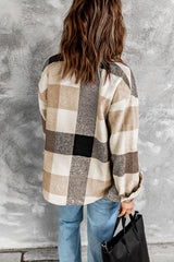 Khaki Plaid Color Block Buttoned Long Sleeve Jacket with Pocket Plaid Shackets JT's Designer Fashion