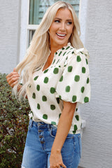 Apricot Polka Dot Print Shirred Yoke Notched Neck Balloon Sleeve Blouse Blouses & Shirts JT's Designer Fashion