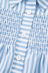 Sky Blue Stripe Shirred Detail Half Placket Collared Long Sleeve Fall Shirt Blouses & Shirts JT's Designer Fashion