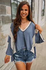 Ashleigh Blue Crochet Detail Exposed Seam High Low Loose Top Long Sleeve Tops JT's Designer Fashion
