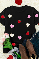 Black Valentines Chenille Heart Patched Pattern Crewneck Tee Graphic Tees JT's Designer Fashion