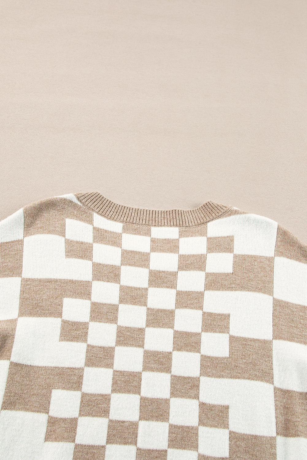 Khaki Checkered Print Drop Shoulder Round Neck Sweater Sweaters JT's Designer Fashion