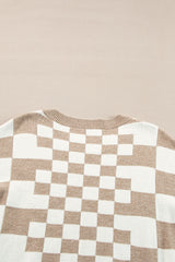 Khaki Checkered Print Drop Shoulder Round Neck Sweater Sweaters JT's Designer Fashion