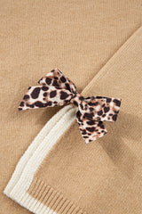 Tan Leopard Bow Decor Split Cuff Contrast Trim Sweater Sweaters JT's Designer Fashion