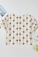 Beige Bow Print Puff Short Sleeve Top Blouses & Shirts JT's Designer Fashion