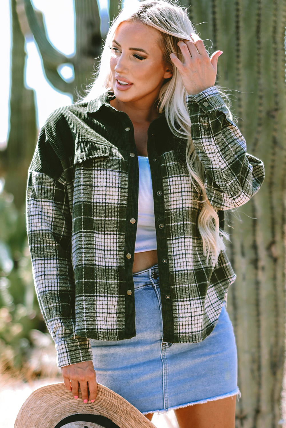 Blackish Green Snap Buttons Colorblock Plaid Shacket Blackish Green 100%Polyester Plaid Shackets JT's Designer Fashion