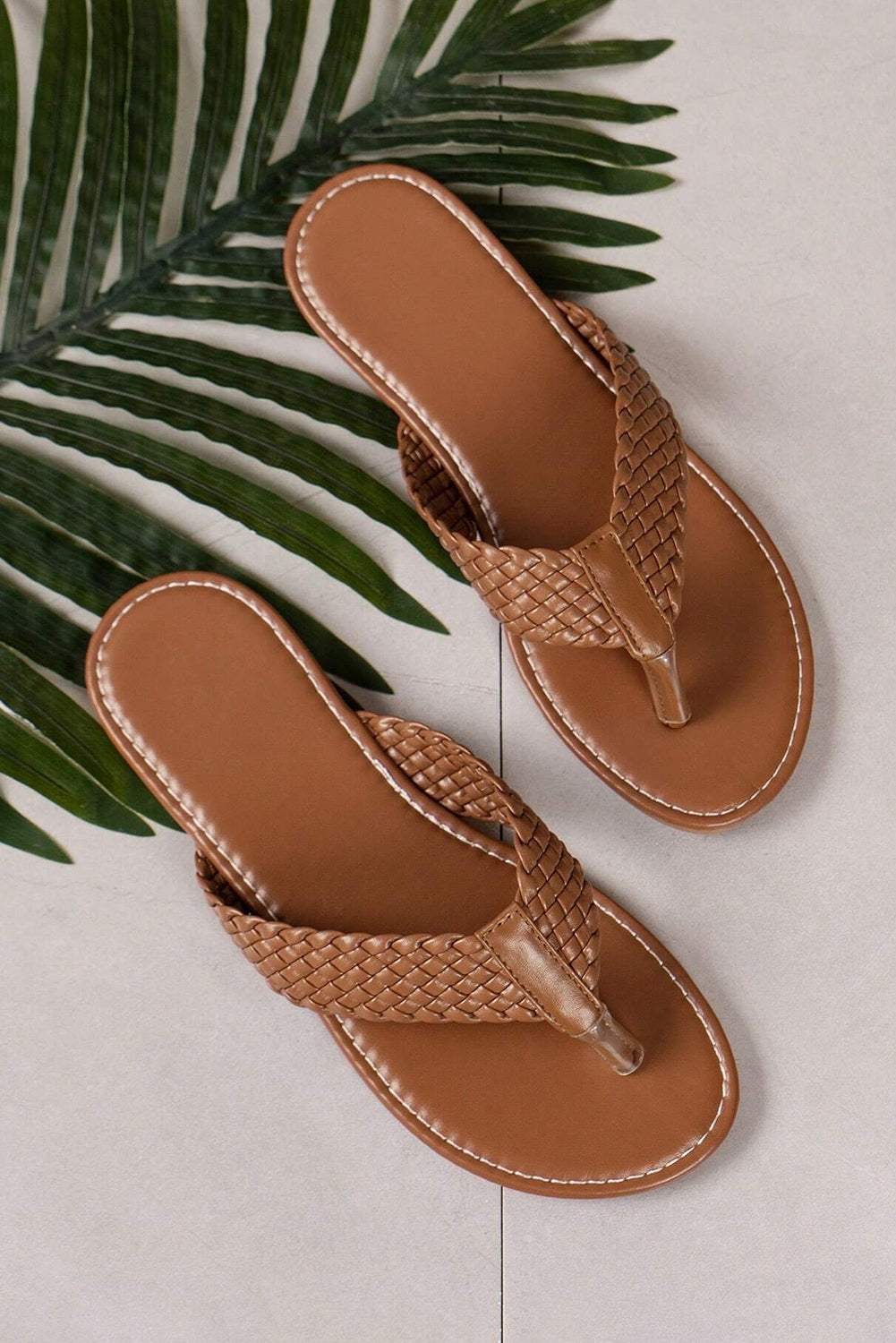 Chestnut Braided Strap Leather Flip Flop Slippers JT's Designer Fashion
