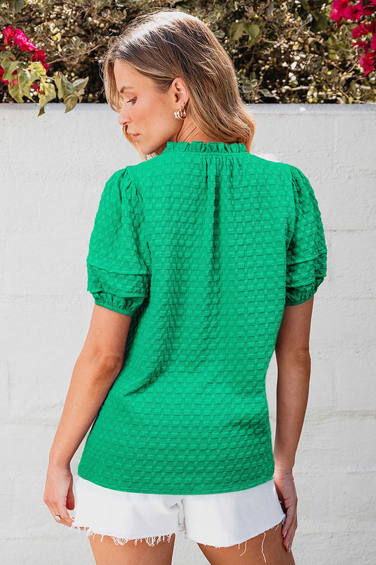 Bright Green Textured Puff Short Sleeve Notched V Neck Top Blouses & Shirts JT's Designer Fashion
