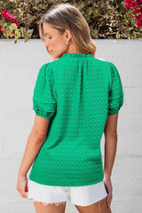 Bright Green Textured Puff Short Sleeve Notched V Neck Top Blouses & Shirts JT's Designer Fashion