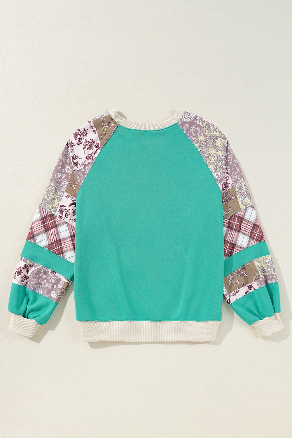 Aruba Blue Plaid Vintage Paisley Patchwork Long Sleeve Raglan Top Long Sleeve Tops JT's Designer Fashion