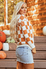 Gold Flame Checkered Split Neck Contrast Kangaroo Pocket Hooded Sweater Sweaters JT's Designer Fashion