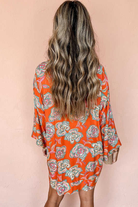 Red Floral Print Lapel Collar Loose Shirt Mini Dress Floral Dresses JT's Designer Fashion