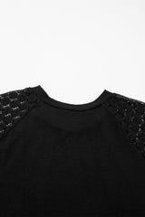 Black Contrast Lace Raglan Sleeve Pleated Detail Shift Dress T Shirt Dresses JT's Designer Fashion