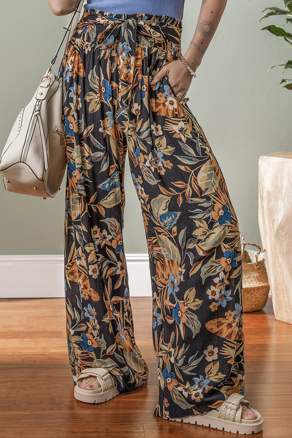 Multicolour Floral Shirred High Waist Wide Leg Pants with Tie Pants & Culotte JT's Designer Fashion