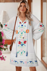 White Floral Print Boho Tassel Tie Split Neck Tucking Detail Puff Sleeve Mini Dress Mini Dresses JT's Designer Fashion