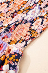 Black Floral Print Smocked High Waist Square Neck Jumpsuit Jumpsuits & Rompers JT's Designer Fashion
