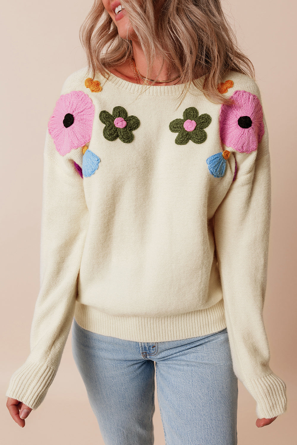 Beige Knitted Flower Pattern Ribbed Edge Sweater Sweaters JT's Designer Fashion