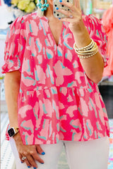 Rose Abstract Print Smock Puff Sleeve Plus Babydoll Top Plus Size JT's Designer Fashion