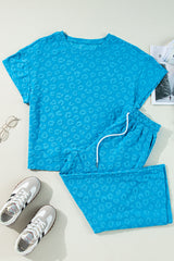 Blue Leopard Jacquard Short Sleeve Top and Wide Leg Pants Set Pant Sets JT's Designer Fashion