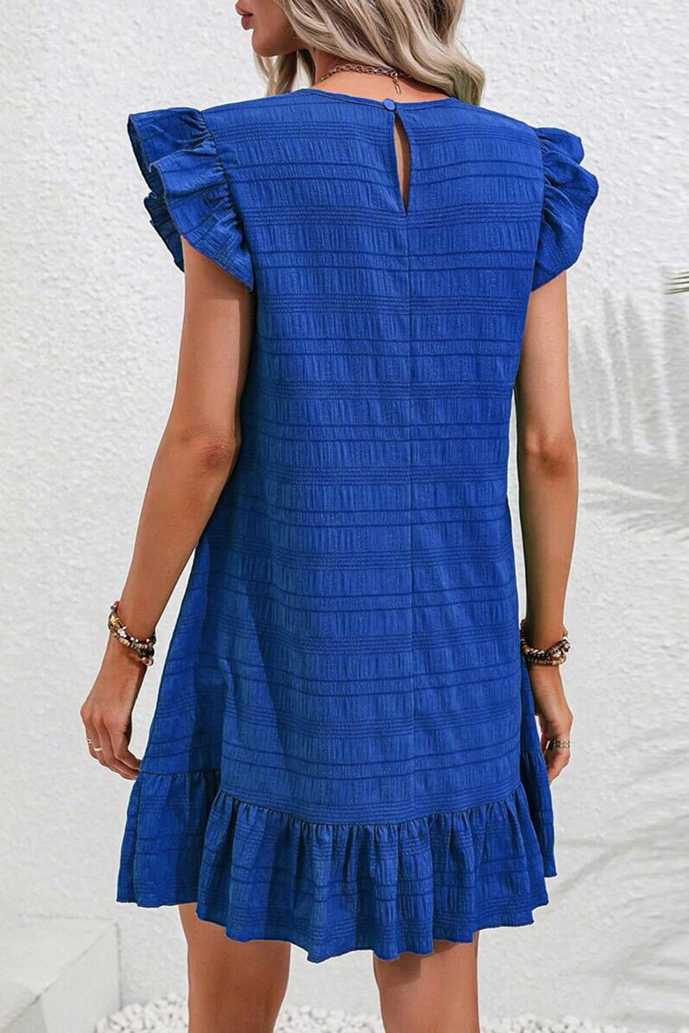 Dark Blue Textured Flutter Sleeve Ruffled Mini Dress Dresses JT's Designer Fashion