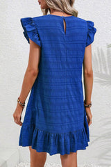 Dark Blue Textured Flutter Sleeve Ruffled Mini Dress Dresses JT's Designer Fashion