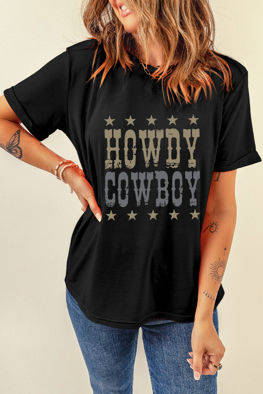Black HOWDY COWBOY Star Print Crew Neck Loose T Shirt Graphic Tees JT's Designer Fashion