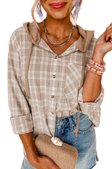 Khaki Checkered Print Loose Fit Buttoned Hooded Shacket Plaid Shackets JT's Designer Fashion