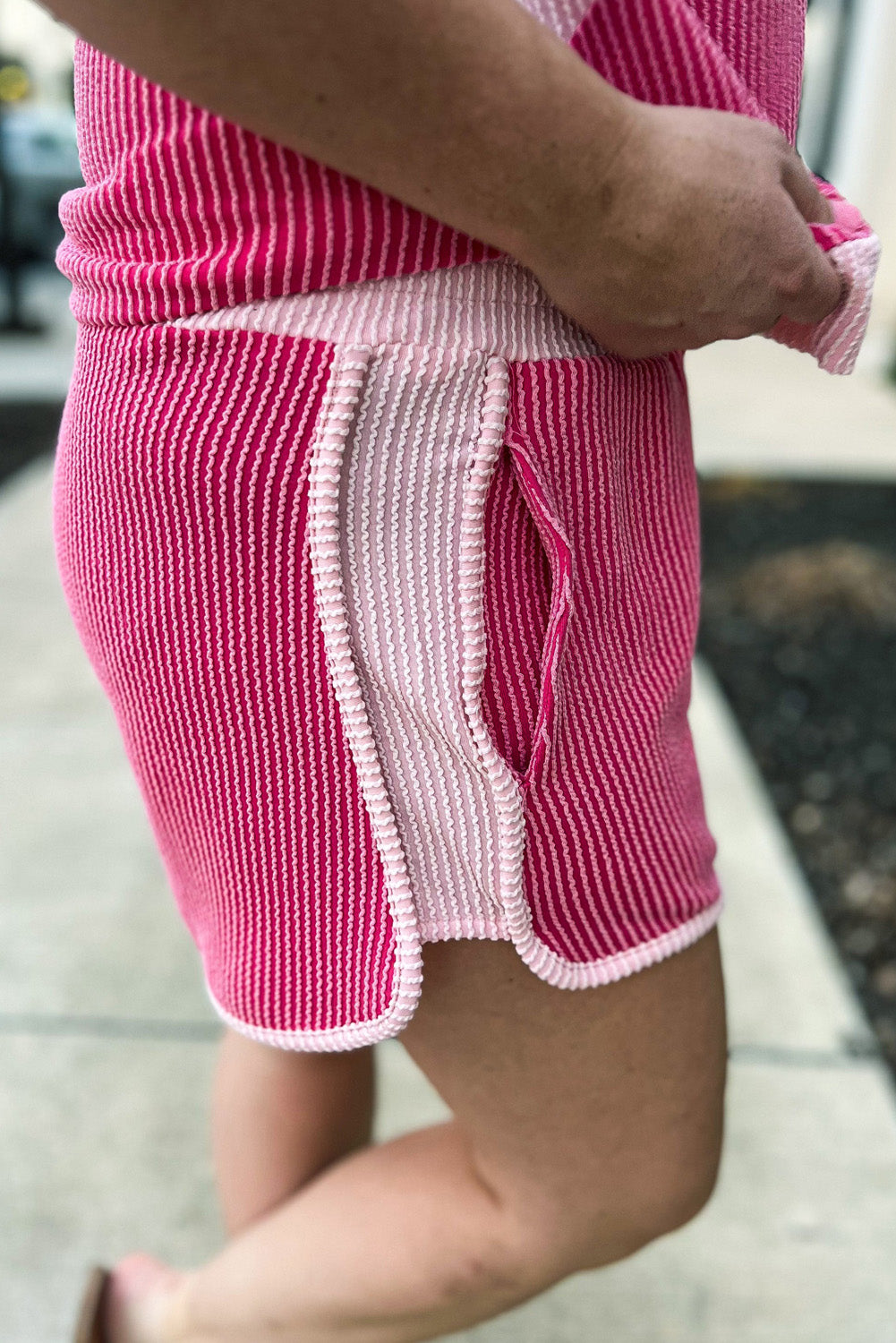 Rose Red 3D Spiral Ribbed Texture 2 Tones Patchwork Short Set Short Sets JT's Designer Fashion