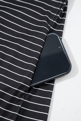 Black Stripe Ruffled Short Sleeve Crew Neck T Shirt Shift Mini Dress T Shirt Dresses JT's Designer Fashion